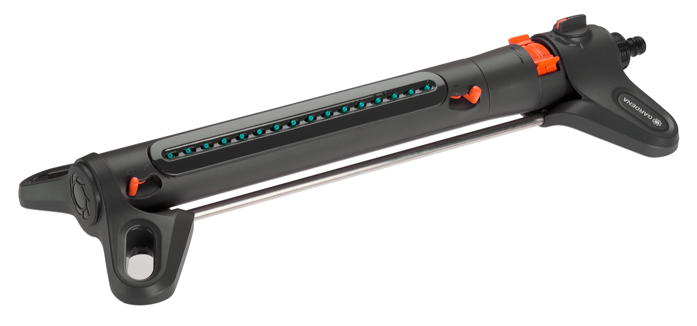 Front view of a Gardena oscillating sprinkler with adjustable settings.