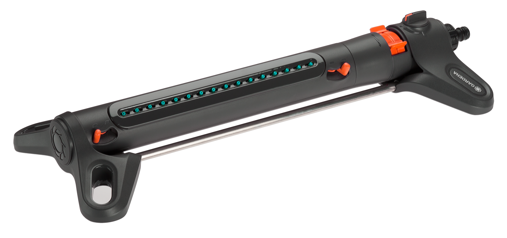 Front view of a Gardena oscillating sprinkler with adjustable settings.