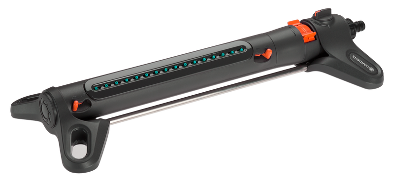 Front view of a Gardena oscillating sprinkler with adjustable settings., Filtermedium bij Vijvercentrum