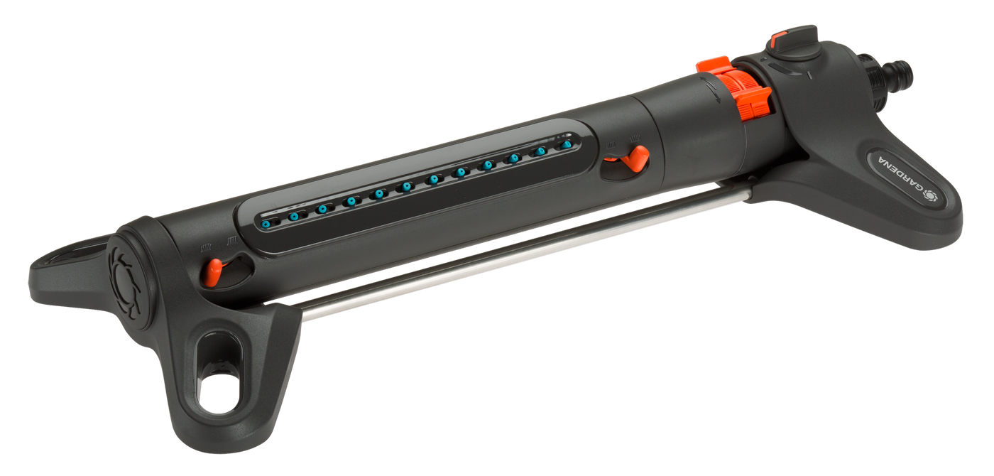 Side view of a Gardena oscillating sprinkler with adjustable settings.