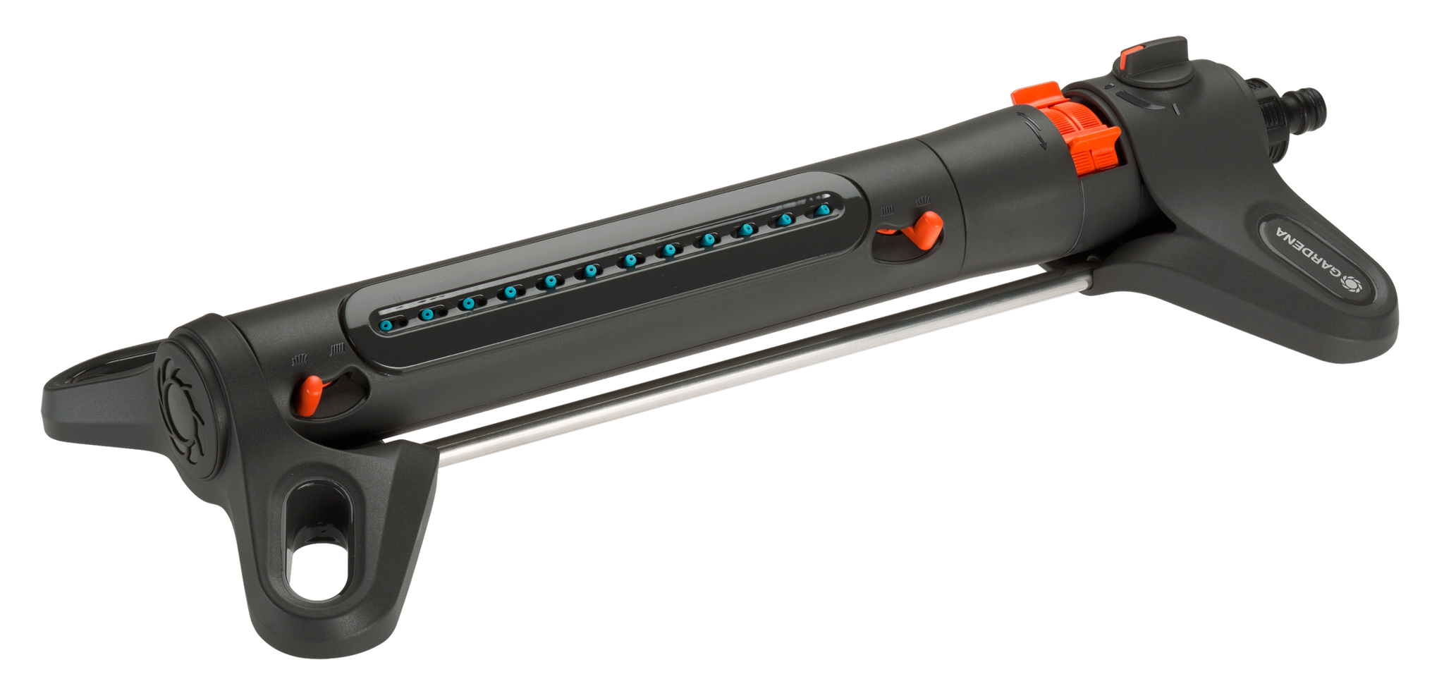 Side view of a Gardena oscillating sprinkler with adjustable settings.