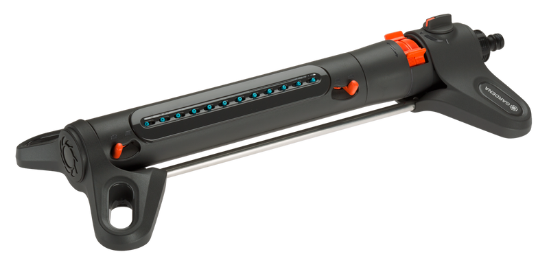 Side view of a Gardena oscillating sprinkler with adjustable settings., Filtermedium bij Vijvercentrum