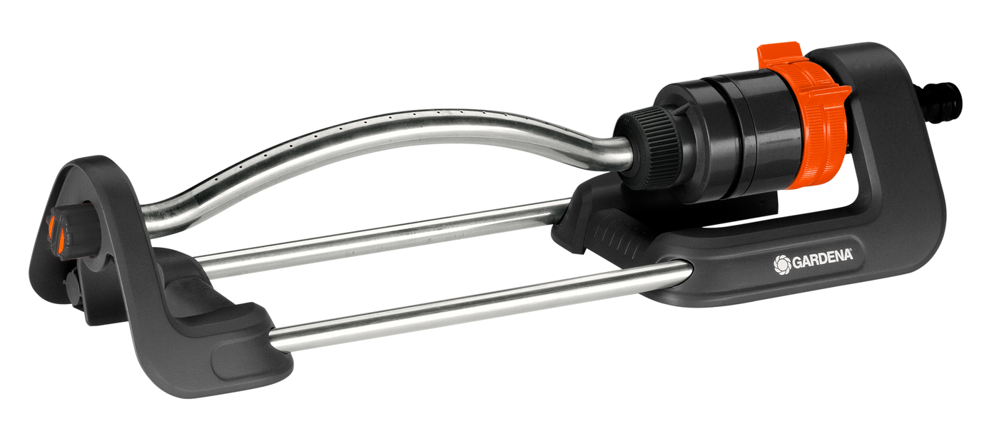 Side view of a Gardena oscillating sprinkler.