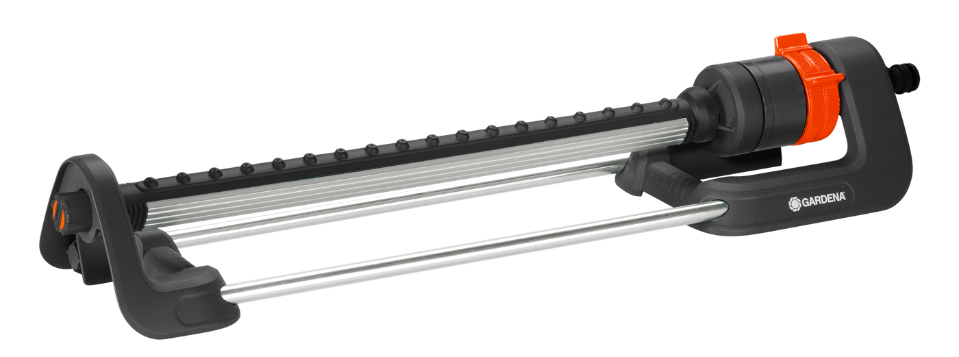 Side view of a Gardena oscillating sprinkler with adjustable settings.