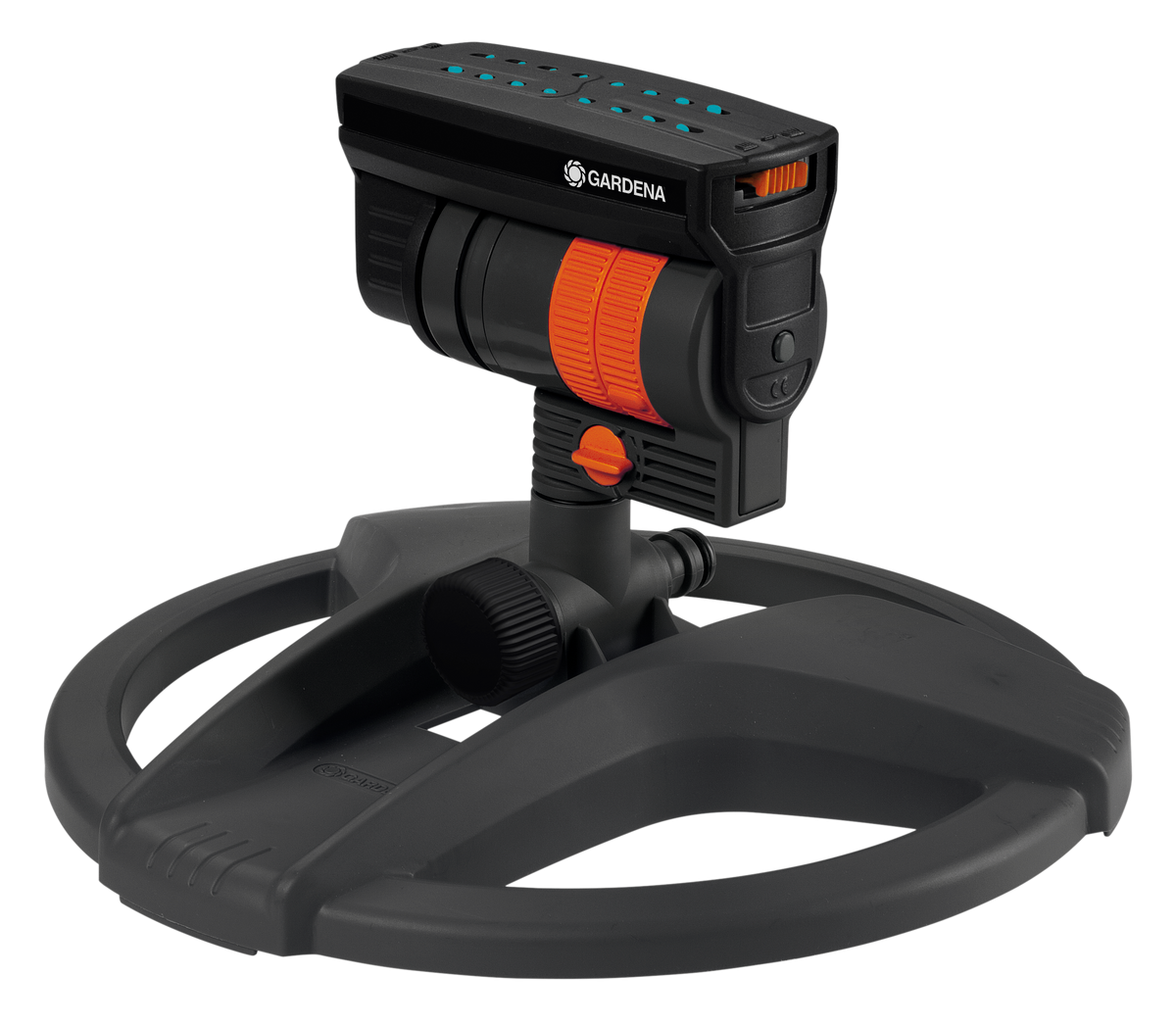 Front view of a Gardena garden sprinkler with adjustable settings.