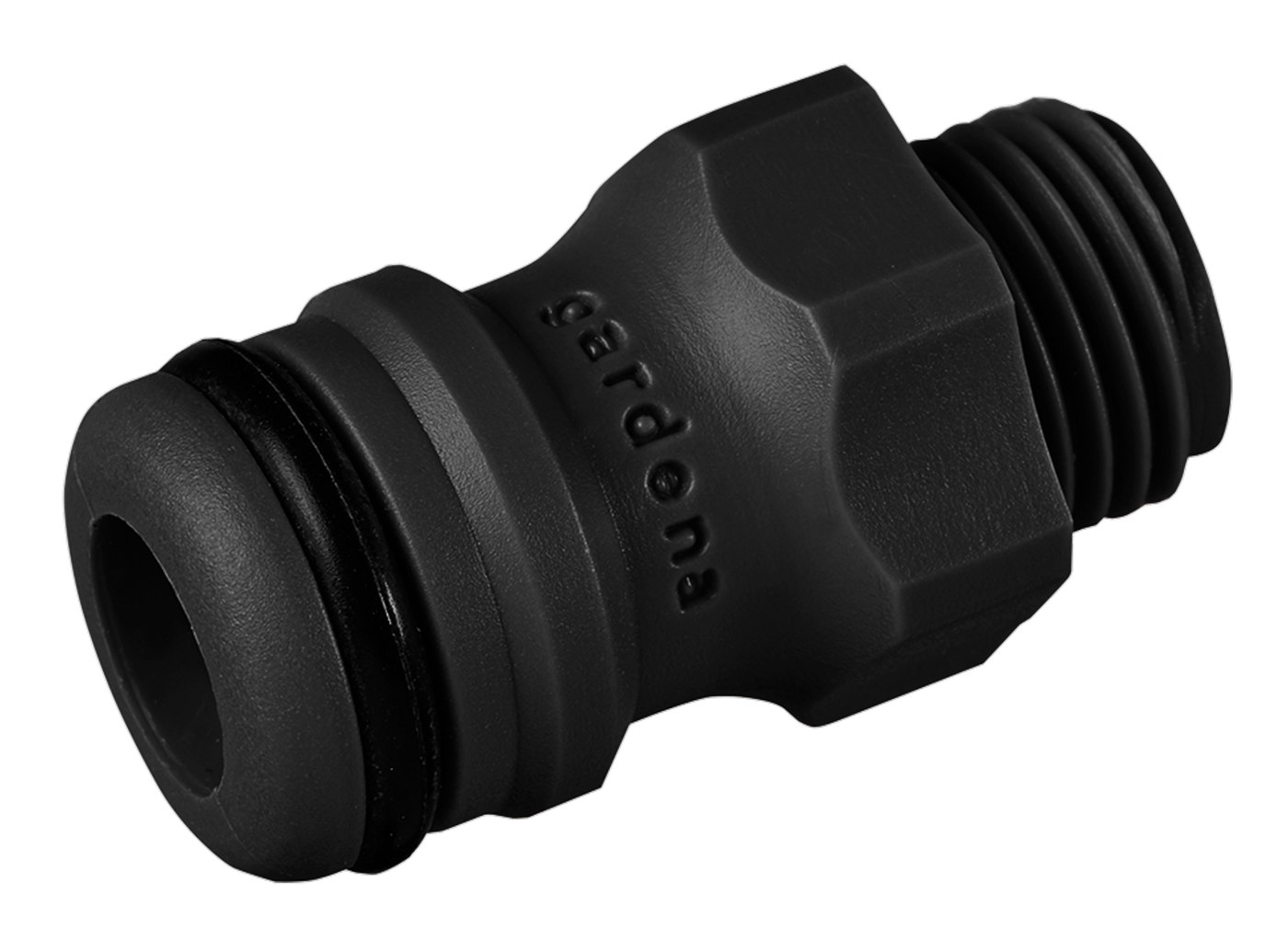 Front view of a Gardena hose connector with threaded end.