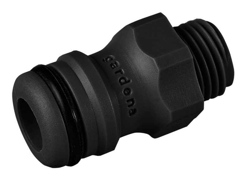 Front view of a Gardena hose connector with threaded end., PVC Hulpstuk bij Vijvercentrum