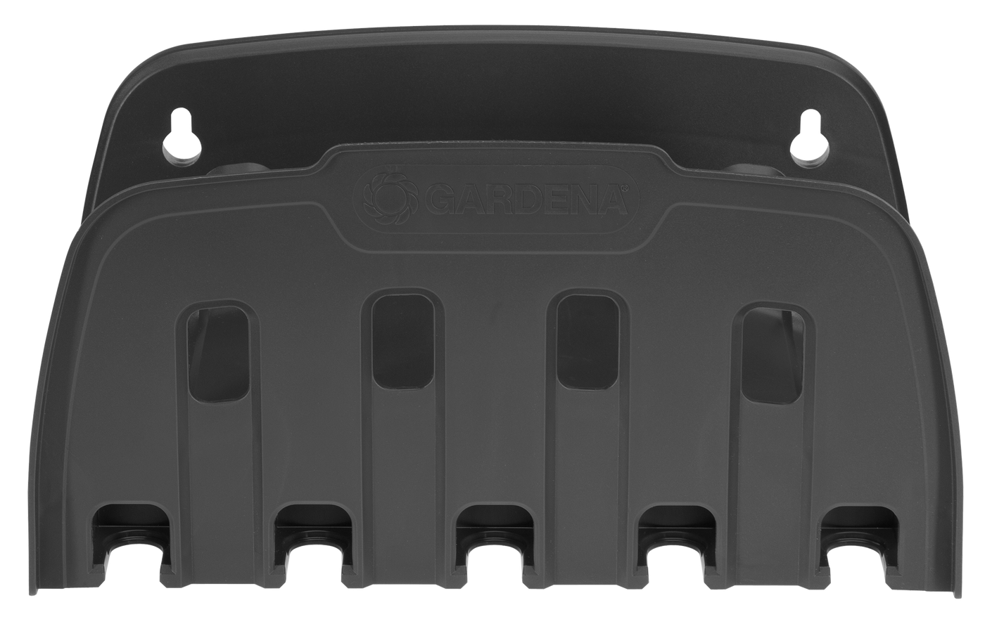 Front view of a Gardena wall-mounted holder for garden tools.