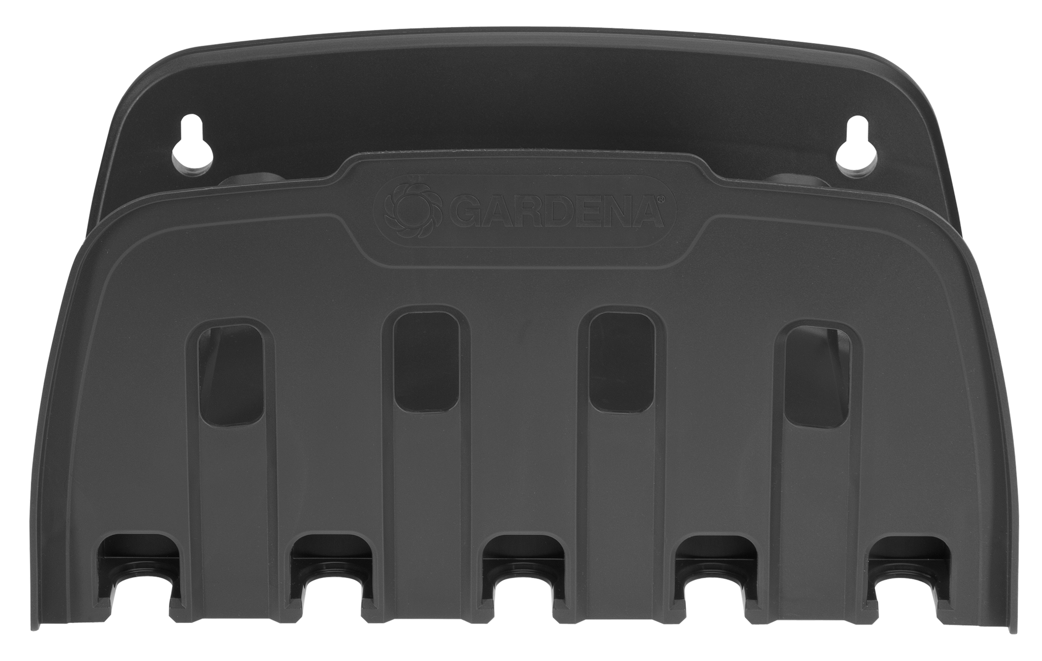 Front view of a Gardena wall-mounted holder for garden tools.