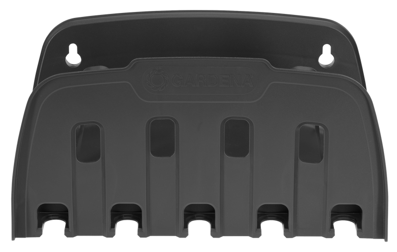Front view of a Gardena wall-mounted holder for garden tools., detailaanzicht Vijverslang