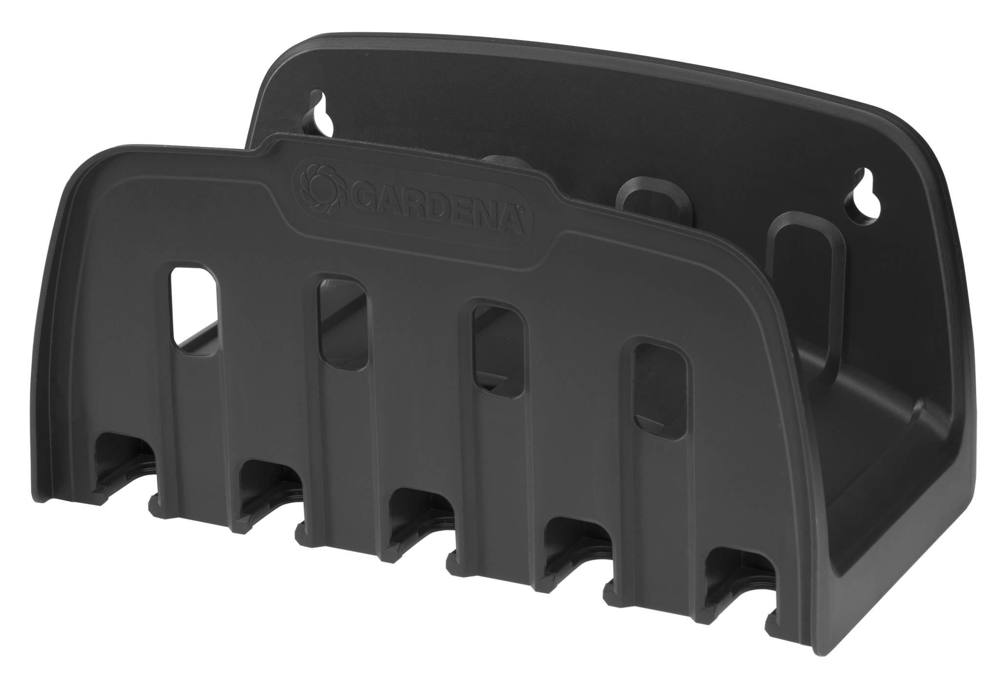 Front view of a Gardena hose holder with multiple slots for organizing hoses.
