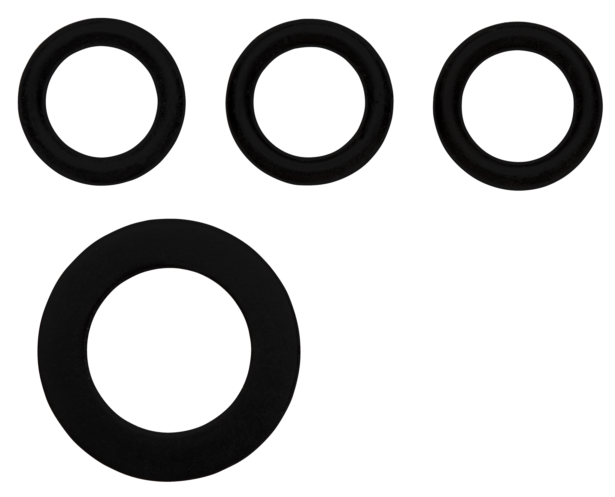 Top view of four black rubber washers of varying sizes.