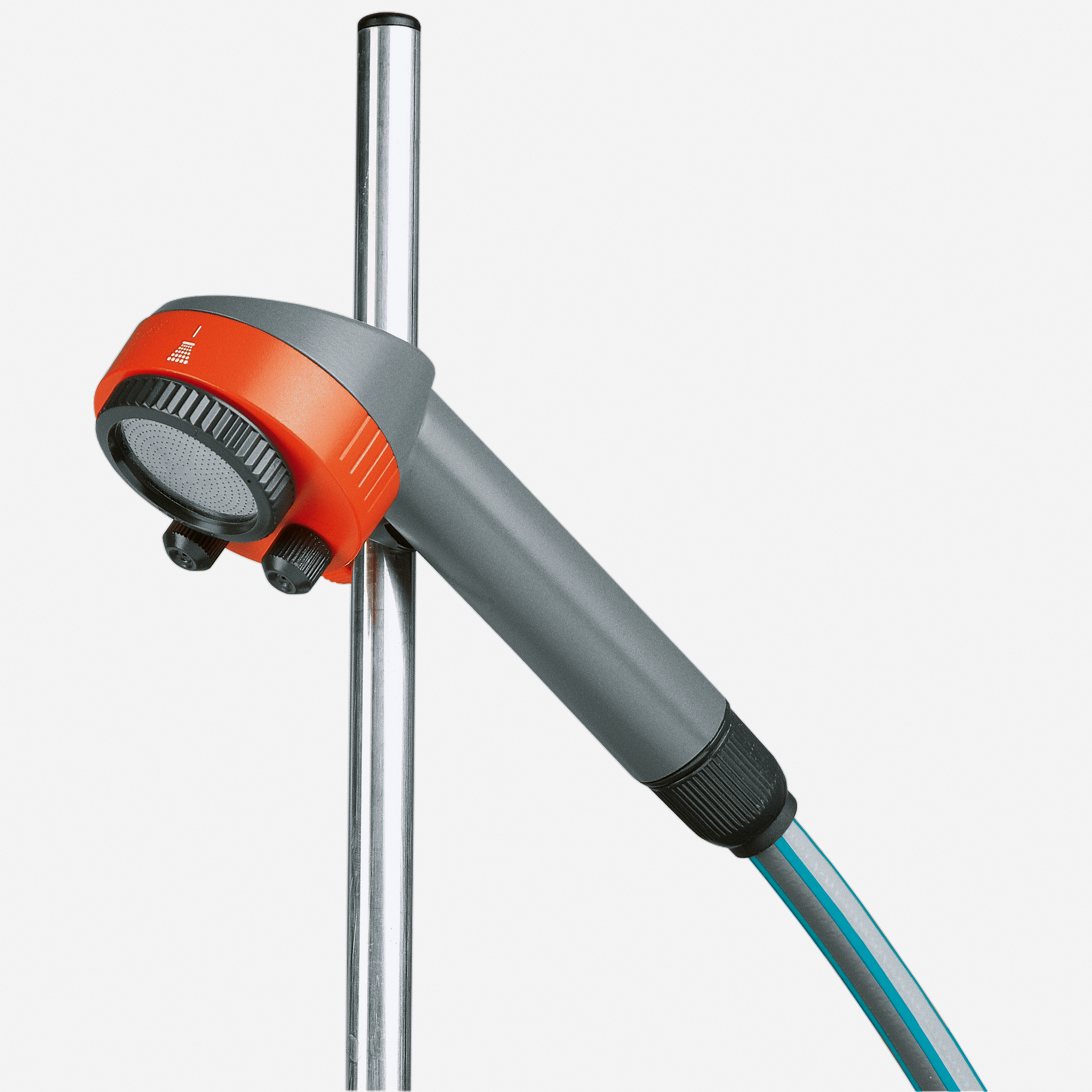 Front view of a Gardena garden hose nozzle attached to a metal rod.