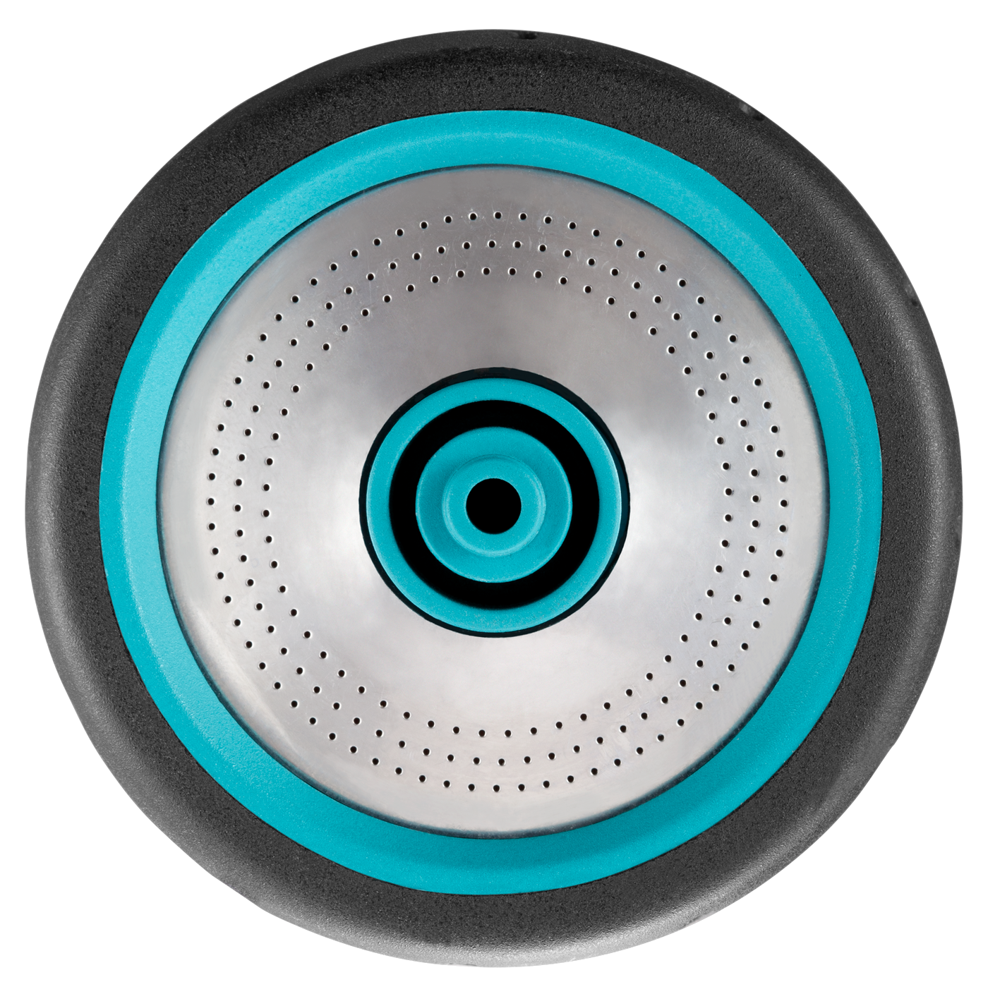 Top view of a circular metal and rubber component with a perforated design.