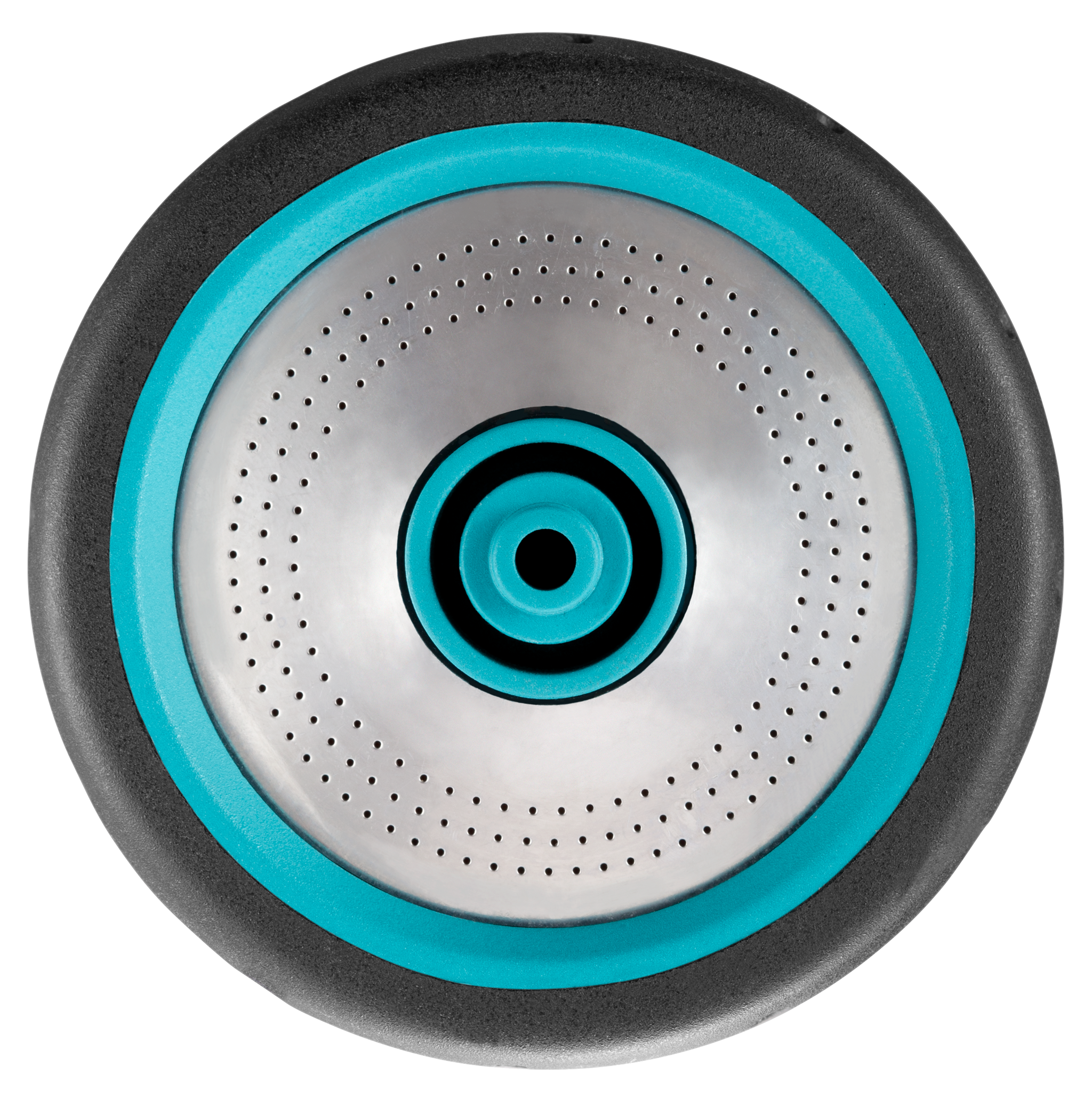 Top view of a circular metal and rubber component with a perforated design.