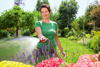 A person watering a garden with a hose, surrounded by vibrant flowers and greenery., miniatuur 4