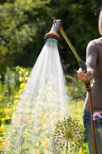 A person watering yellow flowers in a garden using a Gardena watering wand., miniatuur 1