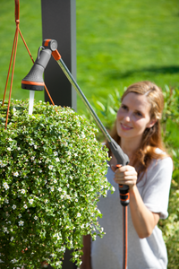 A person watering a hanging plant with a Gardena watering wand in a garden., miniatuur 4
