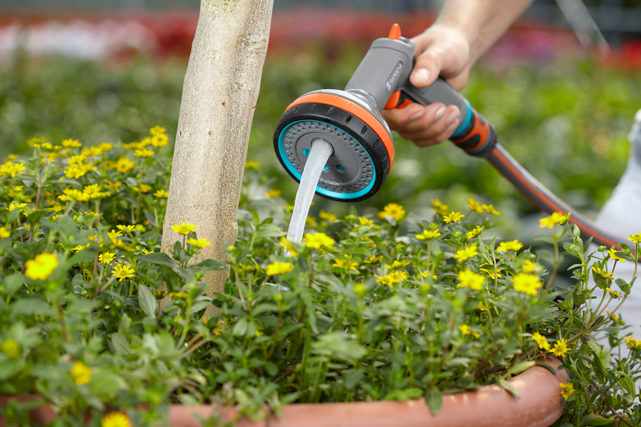 A person watering plants in a garden using a Gardena hose nozzle.