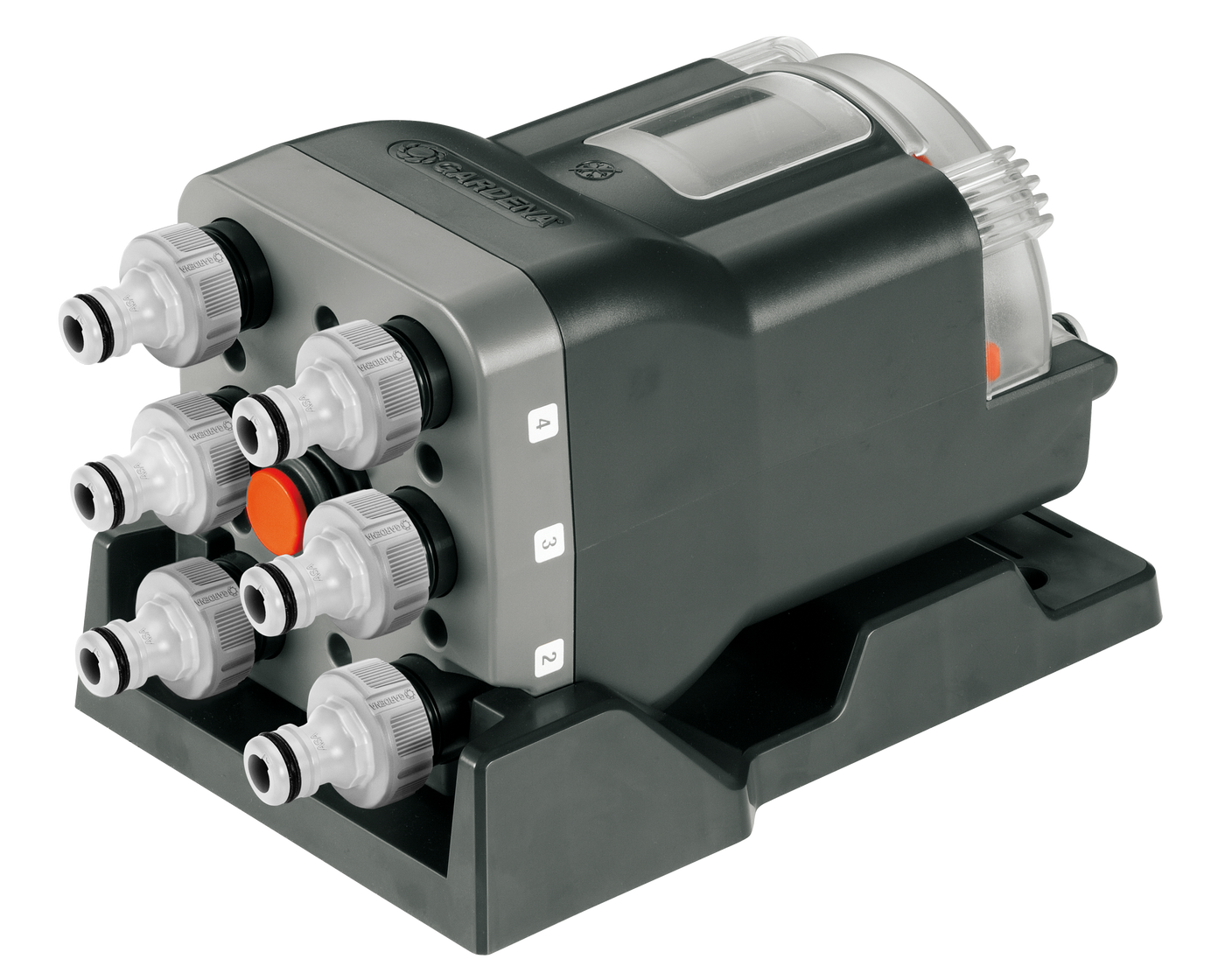 Front view of a Gardena automatic water distributor with multiple hose connections.