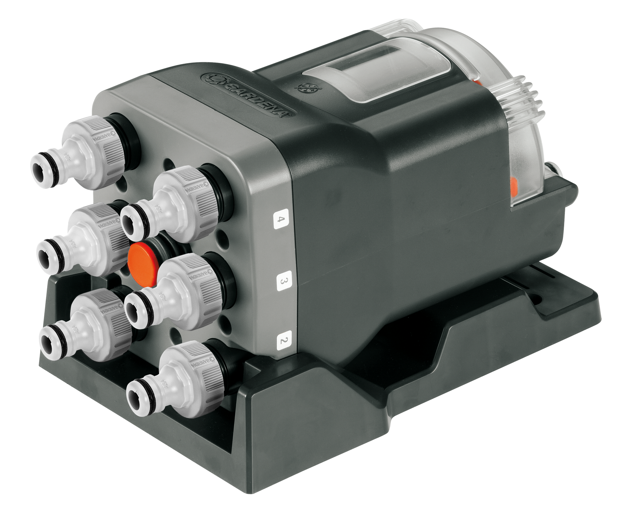 Front view of a Gardena automatic water distributor with multiple hose connections.