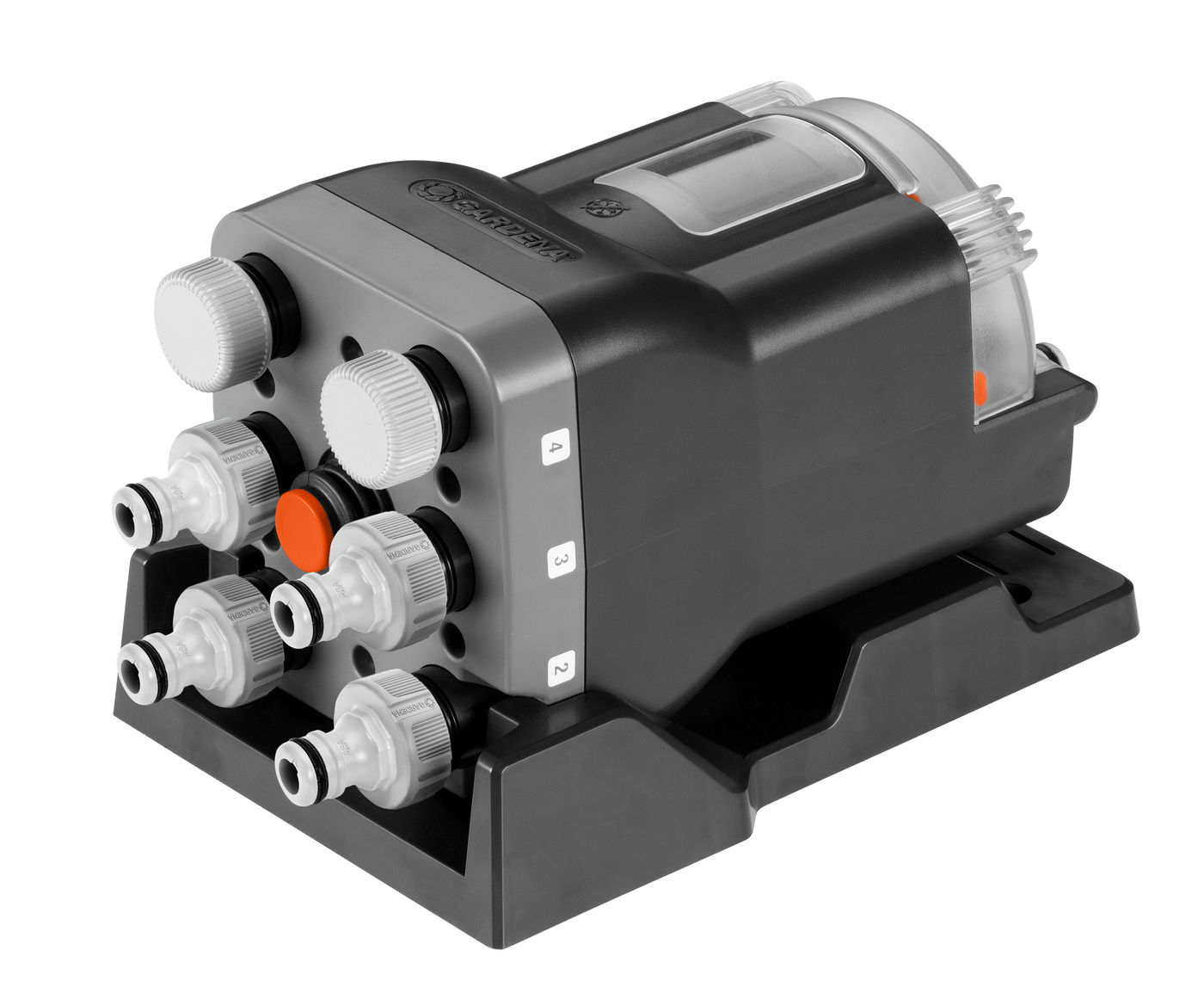 Front view of a Gardena irrigation control unit with multiple hose connectors.