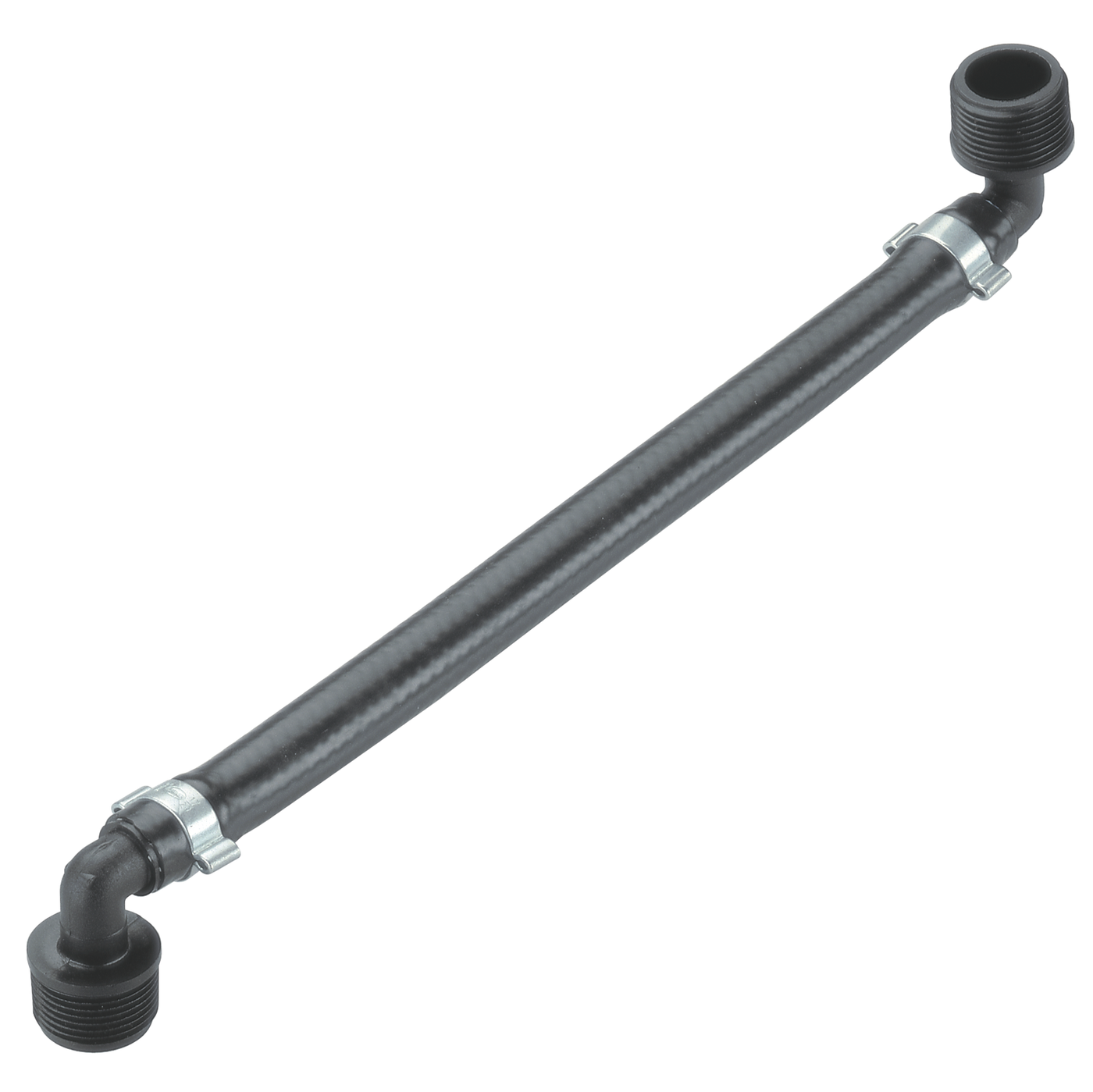 Front view of a flexible hose with threaded connectors on both ends.