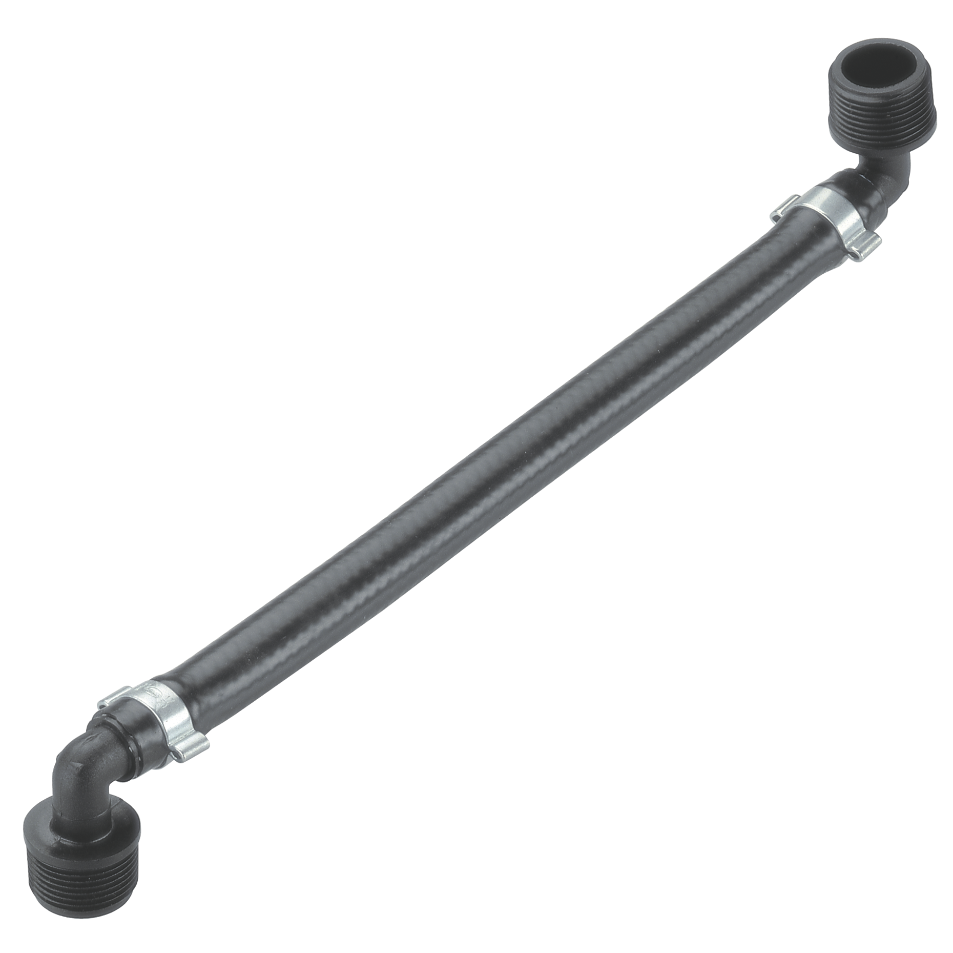 Front view of a flexible hose with threaded connectors on both ends.
