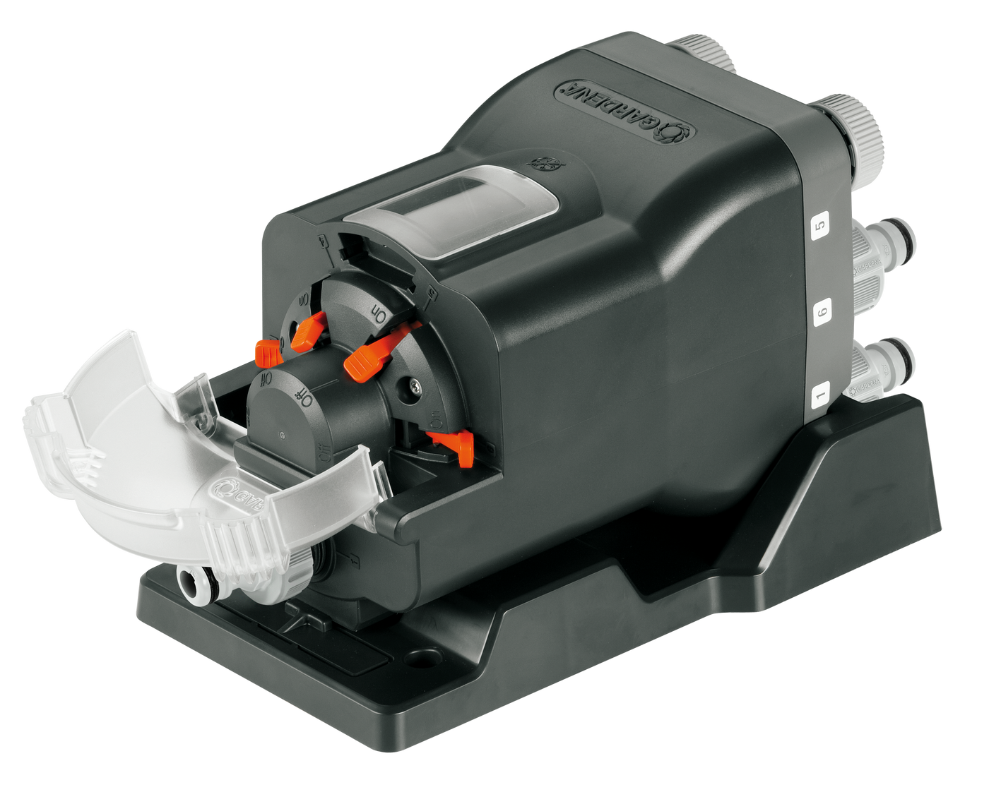 Front view of a Gardena water distributor with multiple hose connections.