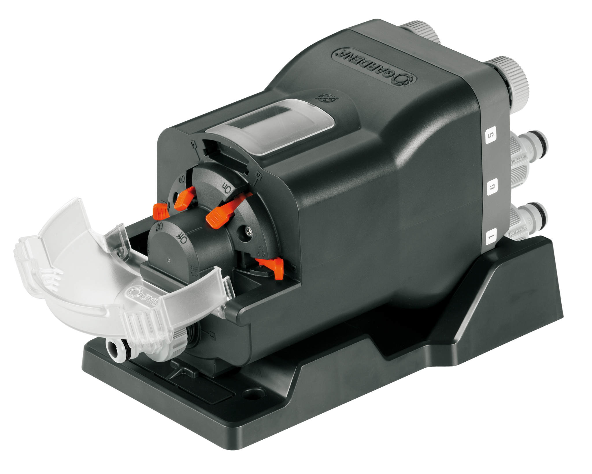 Front view of a Gardena water distributor with multiple hose connections.