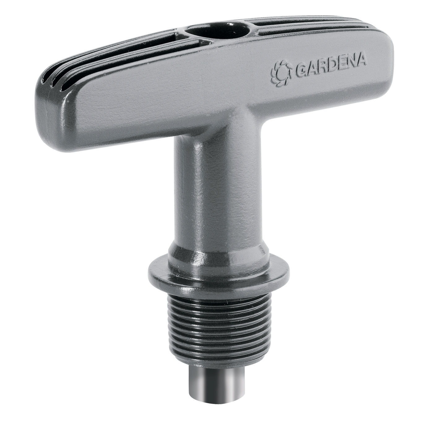 Front view of a Gardena garden hose connector with ergonomic design.
