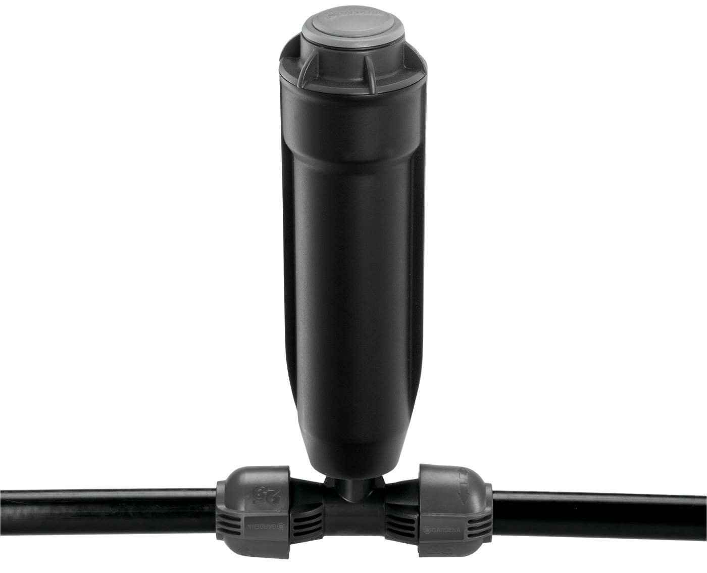 Gardena irrigation filter connected to a pipe system, shown in studio setting.