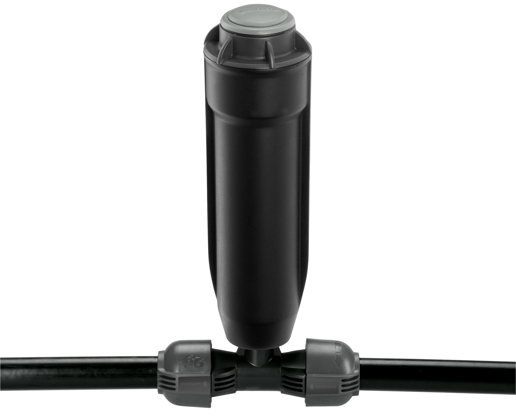 Gardena irrigation filter connected to a pipe system, shown in studio setting.