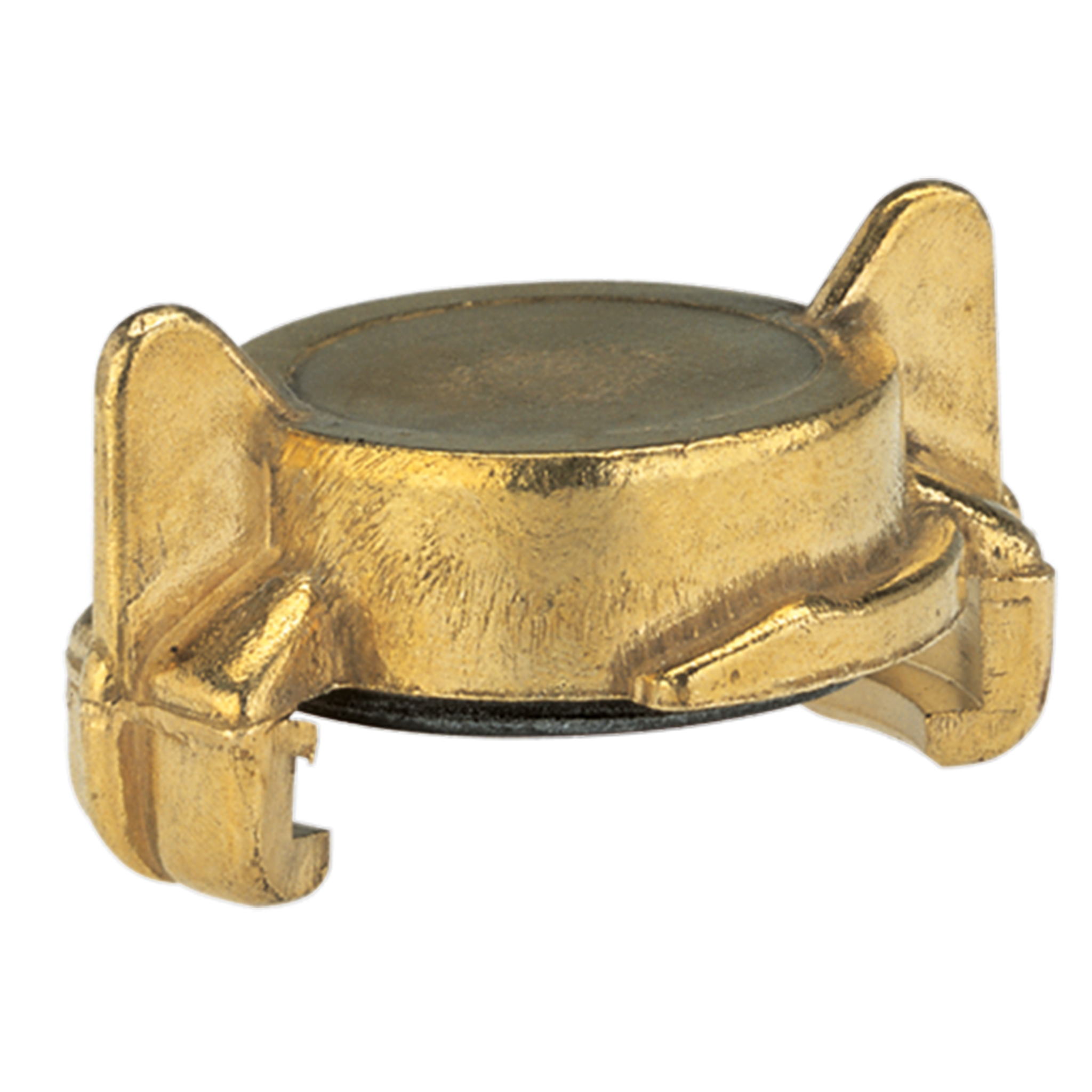 Top view of a brass hose connector with locking mechanism.