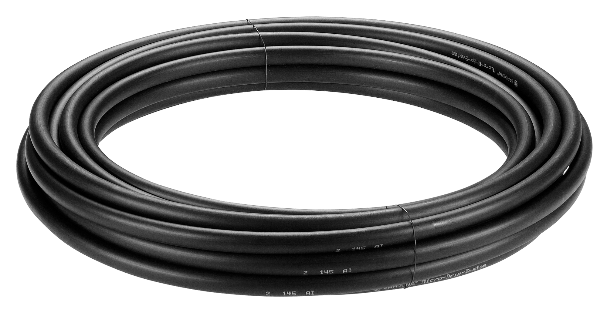 Coiled garden hose suitable for irrigation purposes.
