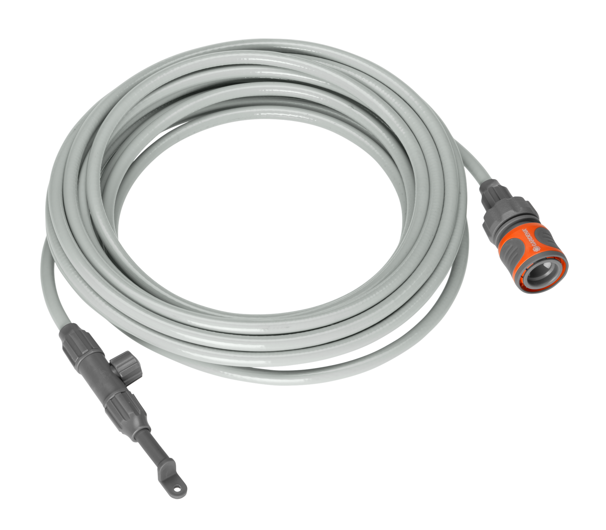 Coiled garden hose with connectors on both ends, suitable for watering tasks.