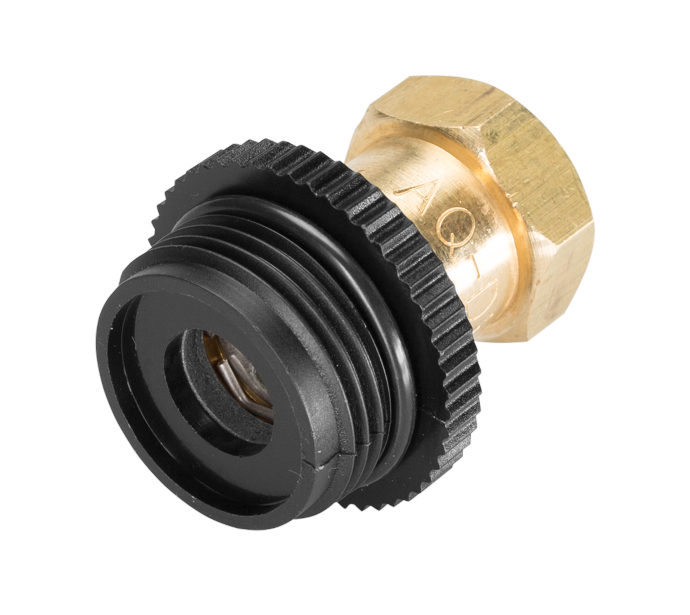 Top view of a brass and black threaded connector, possibly for garden or construction use.