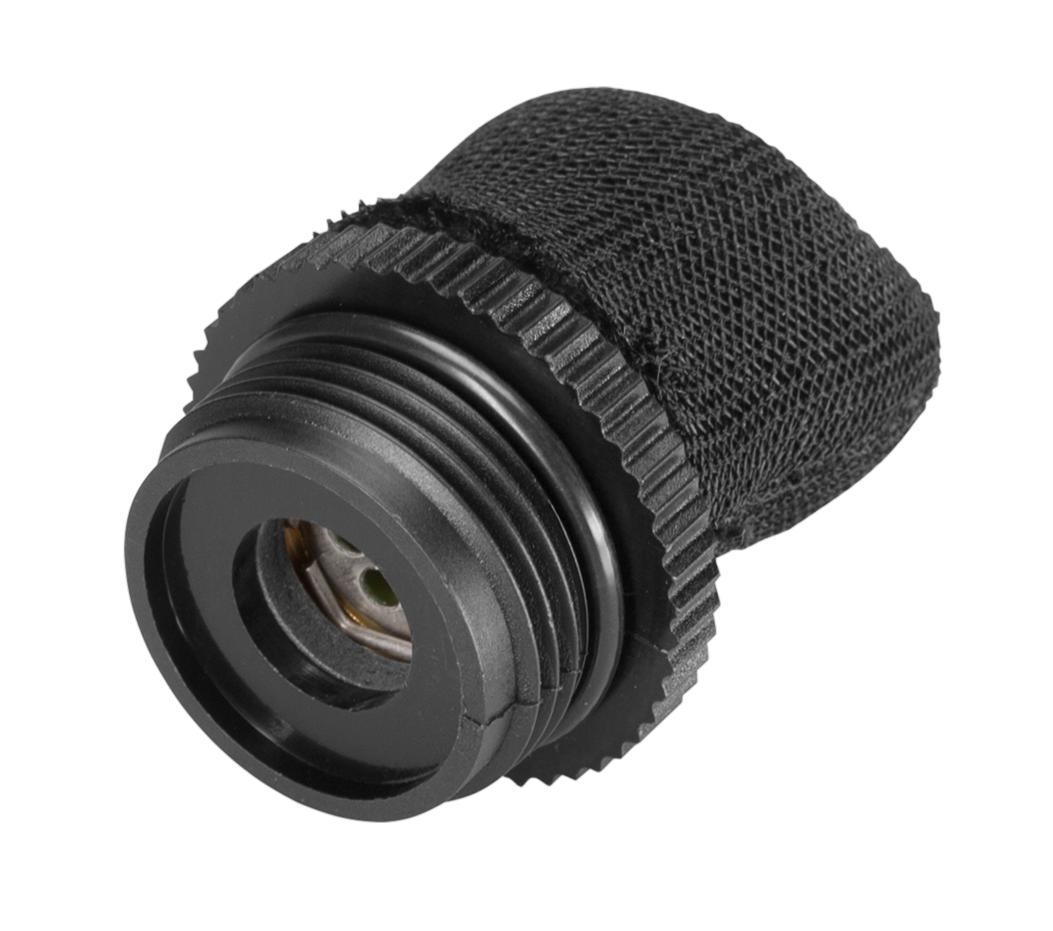 Close-up view of a threaded garden hose filter with a mesh cover.