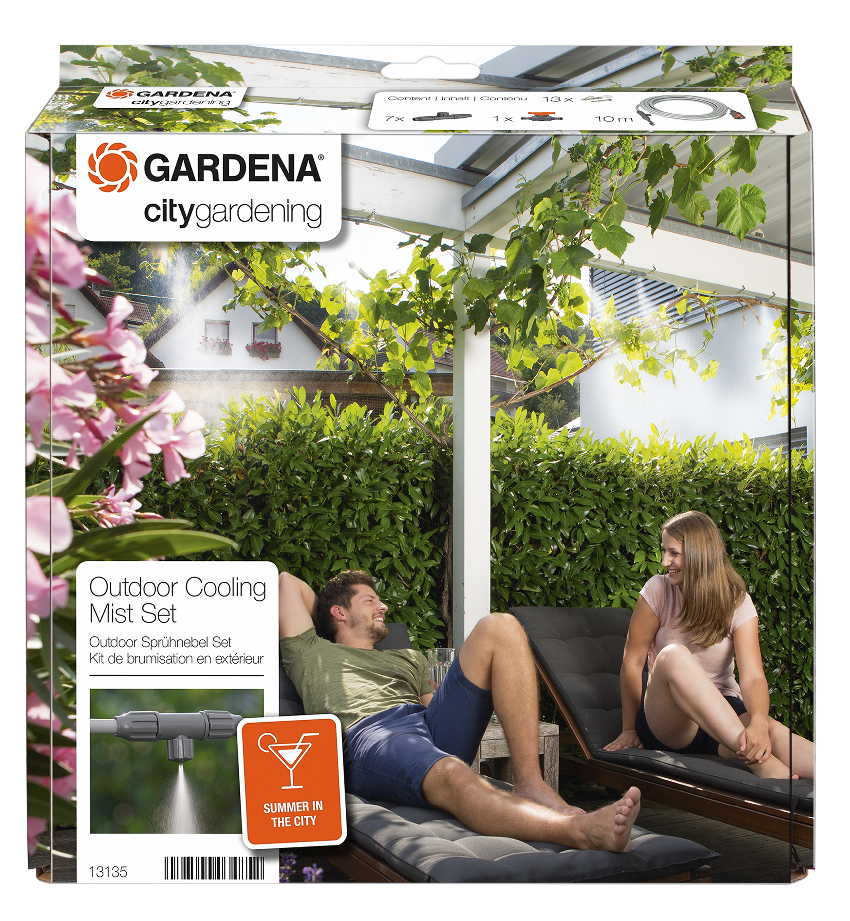 Two people relaxing under a pergola with a Gardena Outdoor Cooling Mist Set in a garden.