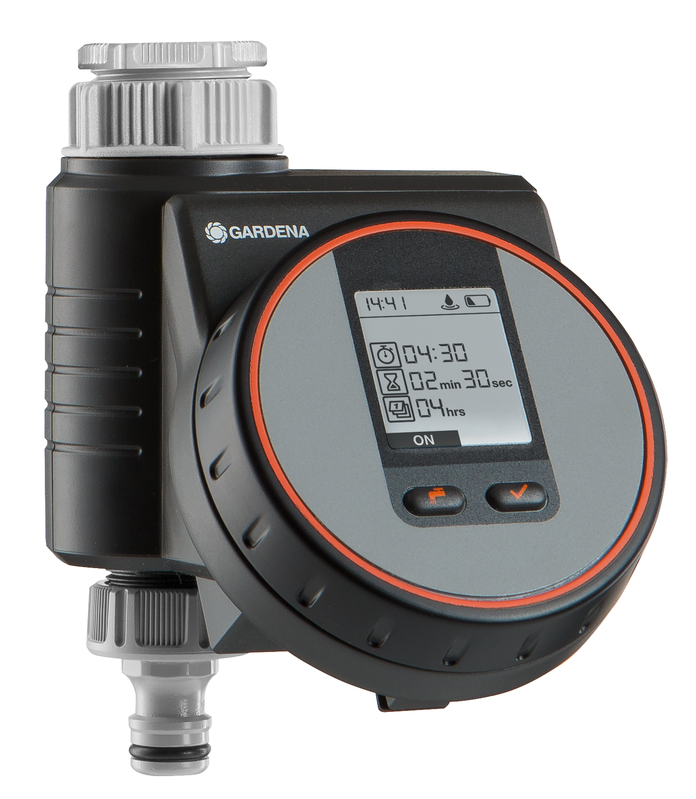 Front view of a Gardena water timer with digital display.