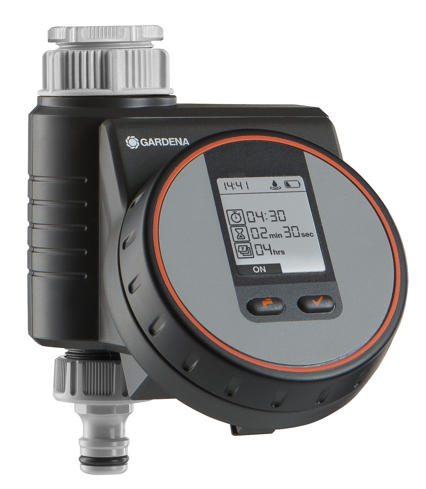 Front view of a Gardena water timer with digital display.