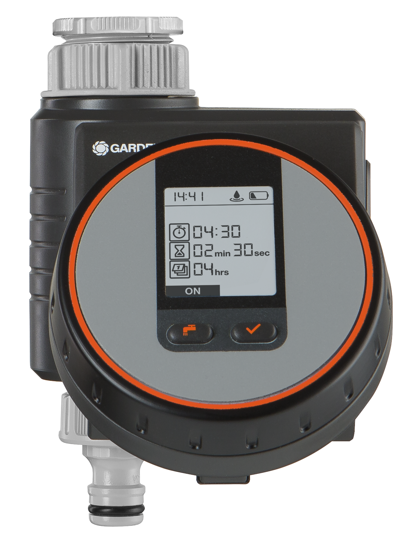 Front view of a Gardena water timer with digital display showing various settings.
