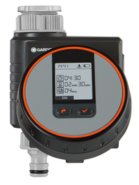 Front view of a Gardena water timer with digital display showing various settings., miniatuur 2