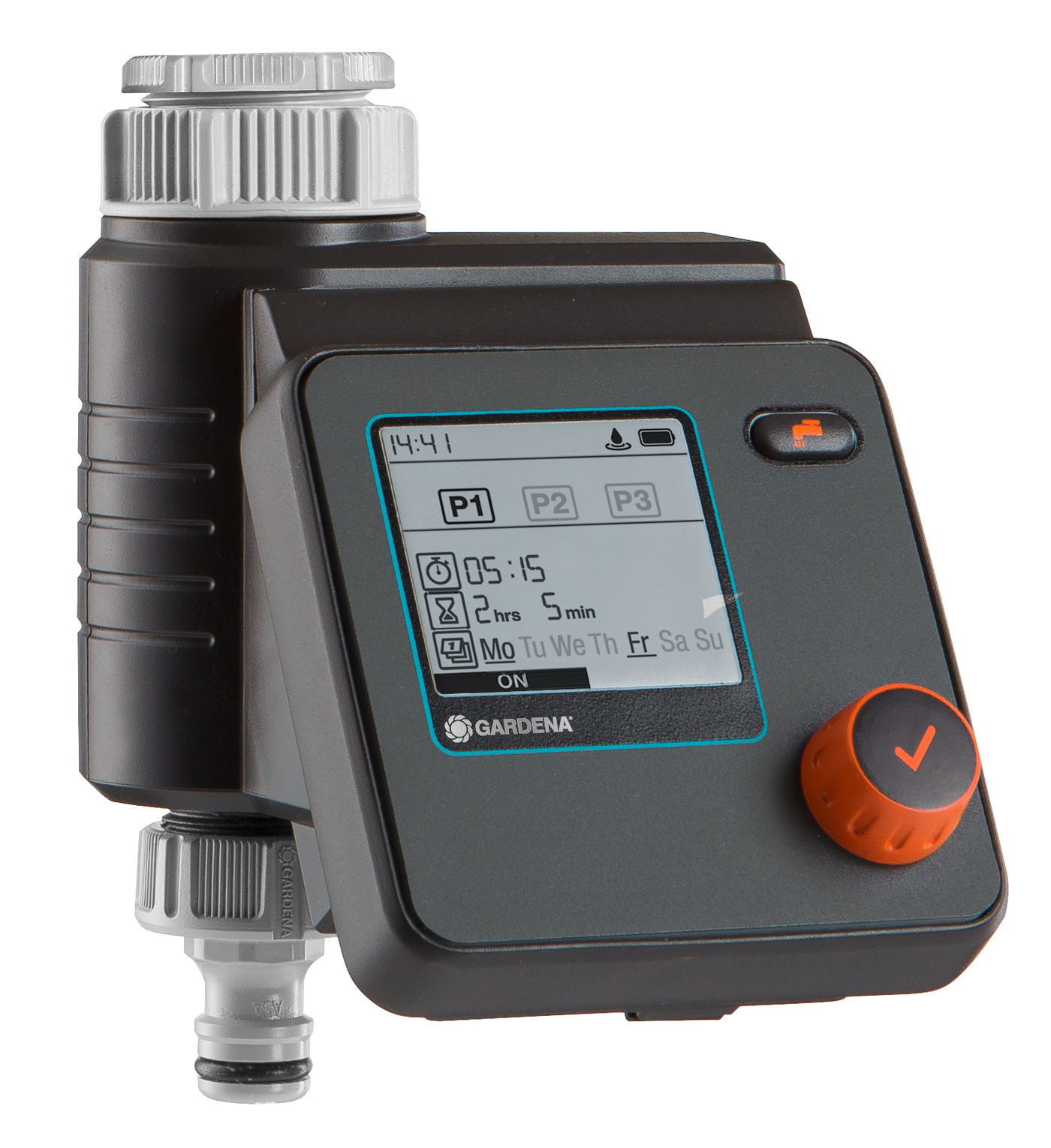 Front view of a Gardena water timer with digital display showing time settings.