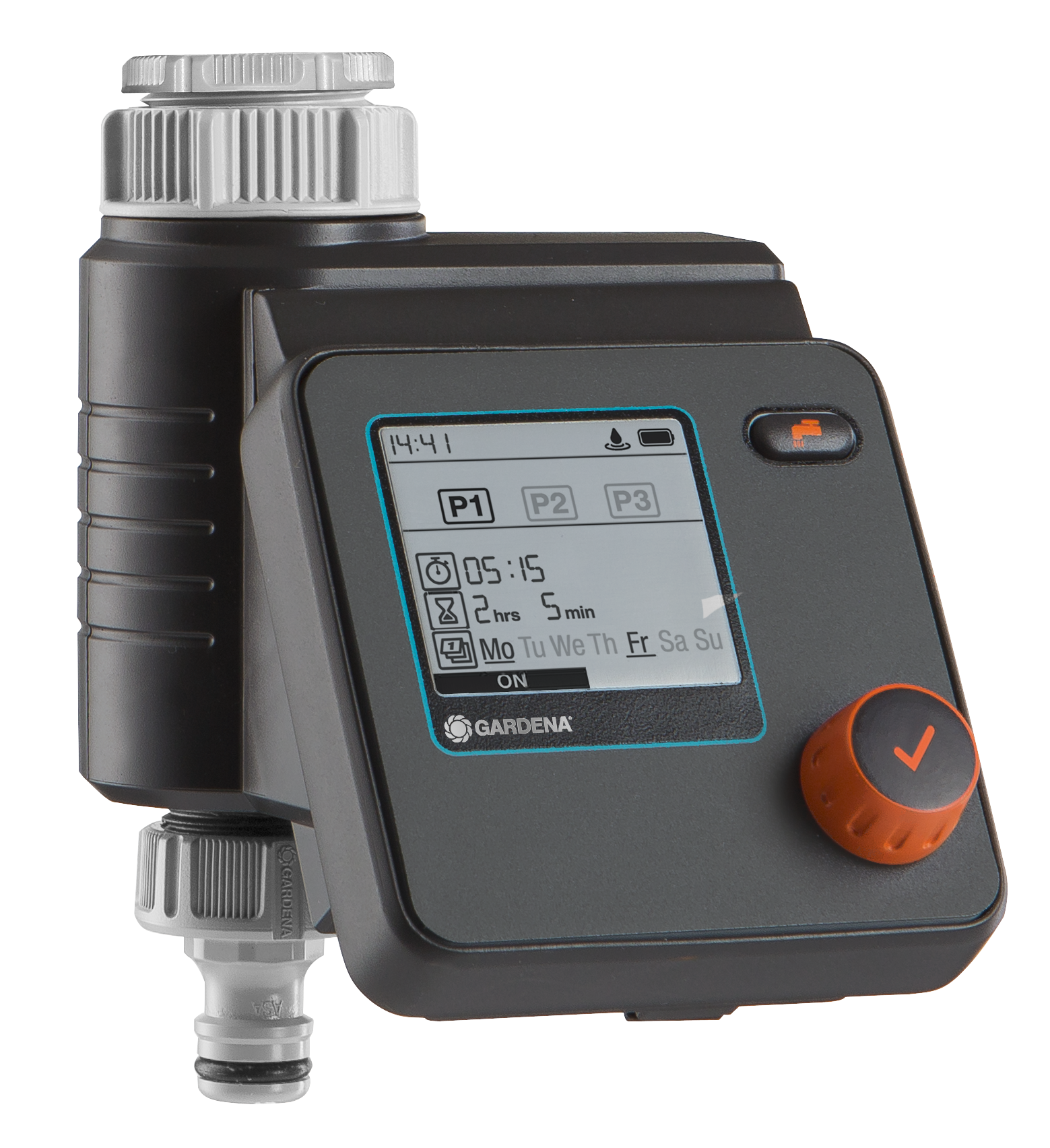 Front view of a Gardena water timer with digital display showing time settings.