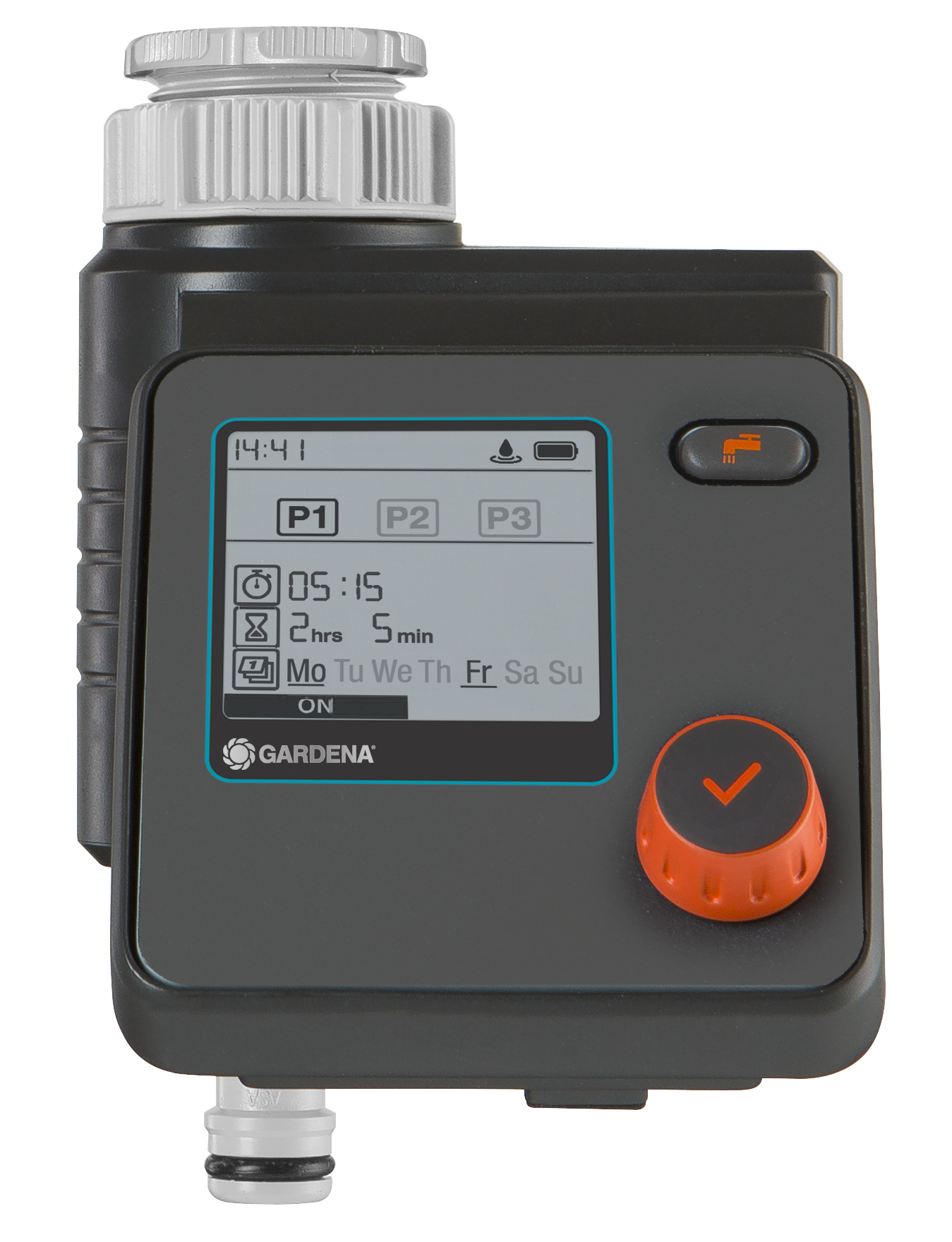 Front view of a Gardena irrigation timer with digital display and control knob.