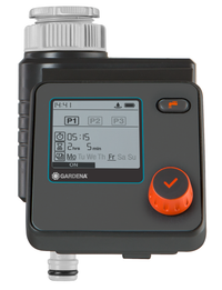 Front view of a Gardena irrigation timer with digital display and control knob., miniatuur 2