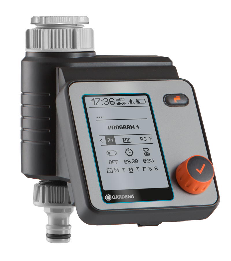 Front view of a Gardena water timer with digital display and control knob., Onderhoudsproduct bij Vijvercentrum