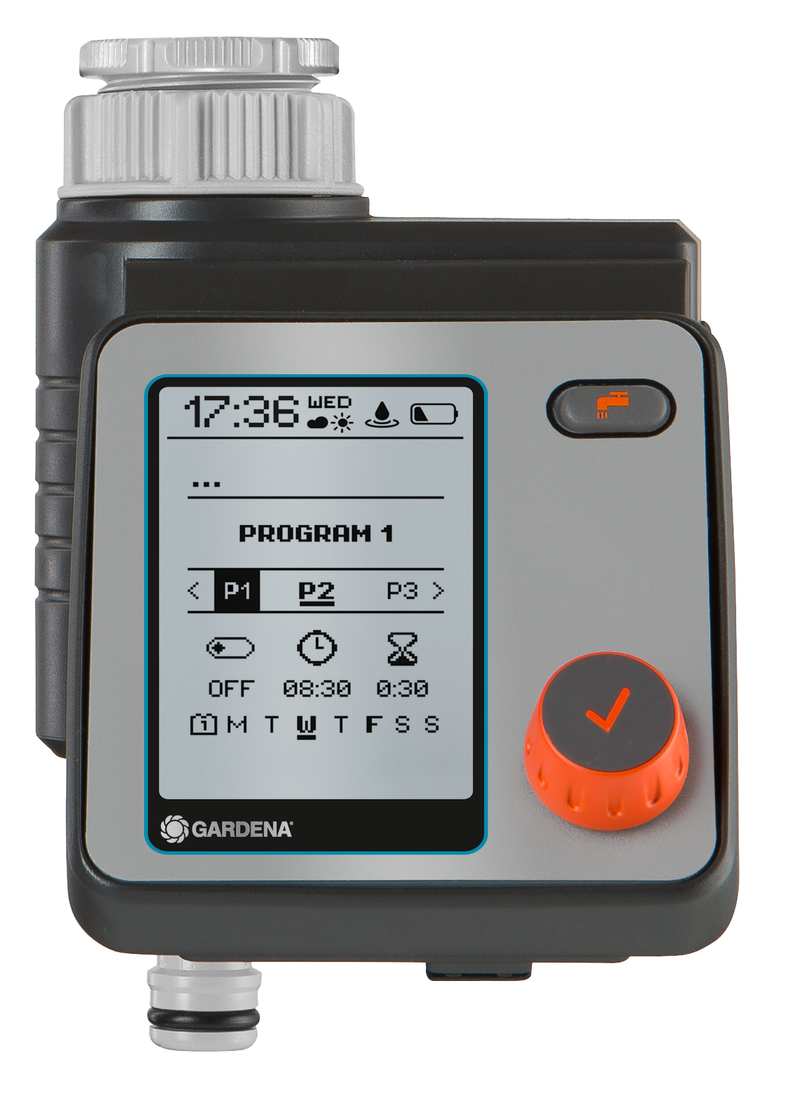 Front view of a Gardena irrigation control device with a digital display showing program settings., detailaanzicht Onderhoudsproduct