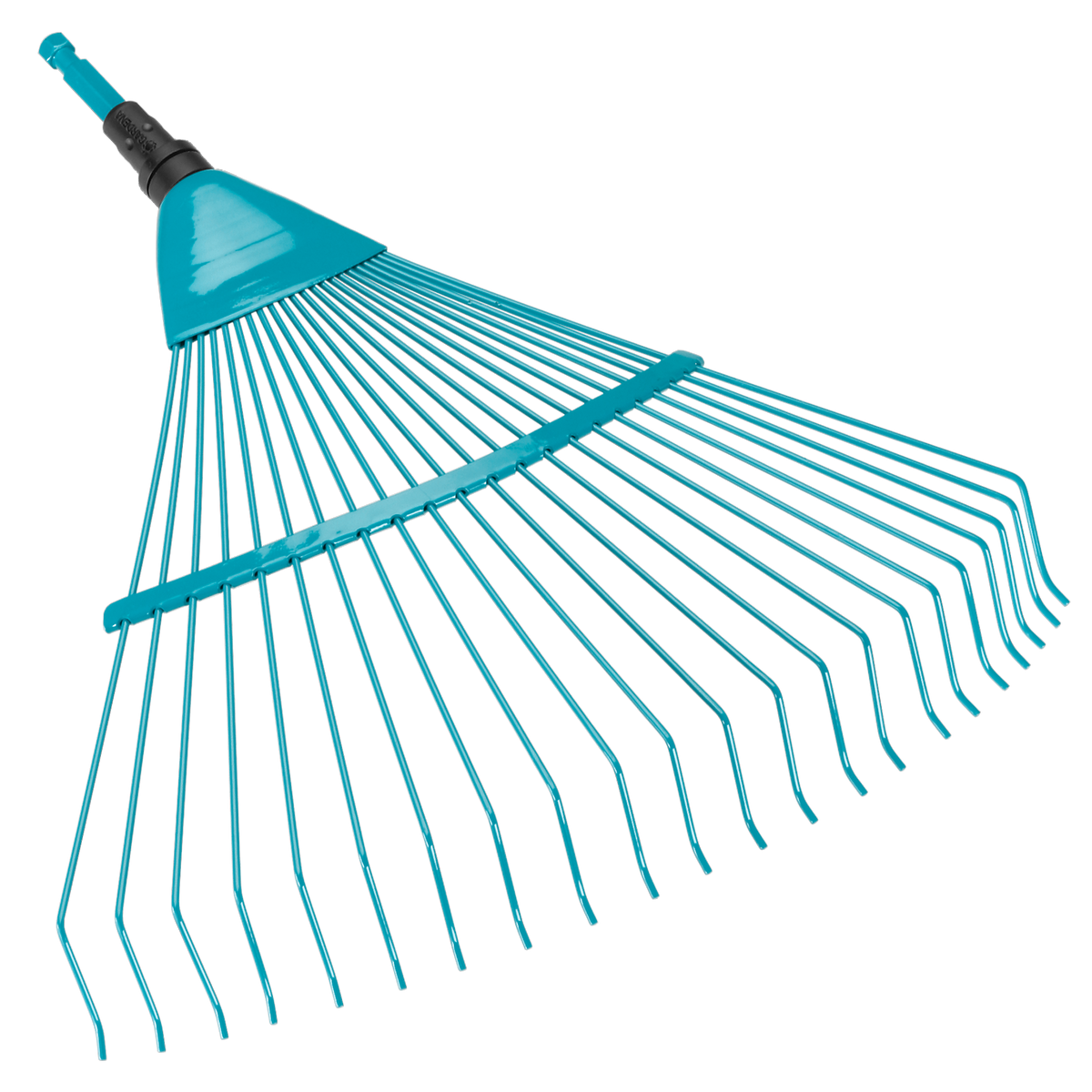 Top view of a garden rake with a wide head and multiple tines.